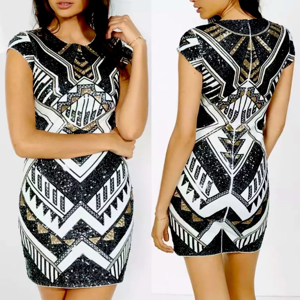 EXPRESS White Gold Black Deco Sequin Embellished Cap Sleeve Sheath Dress Size XS